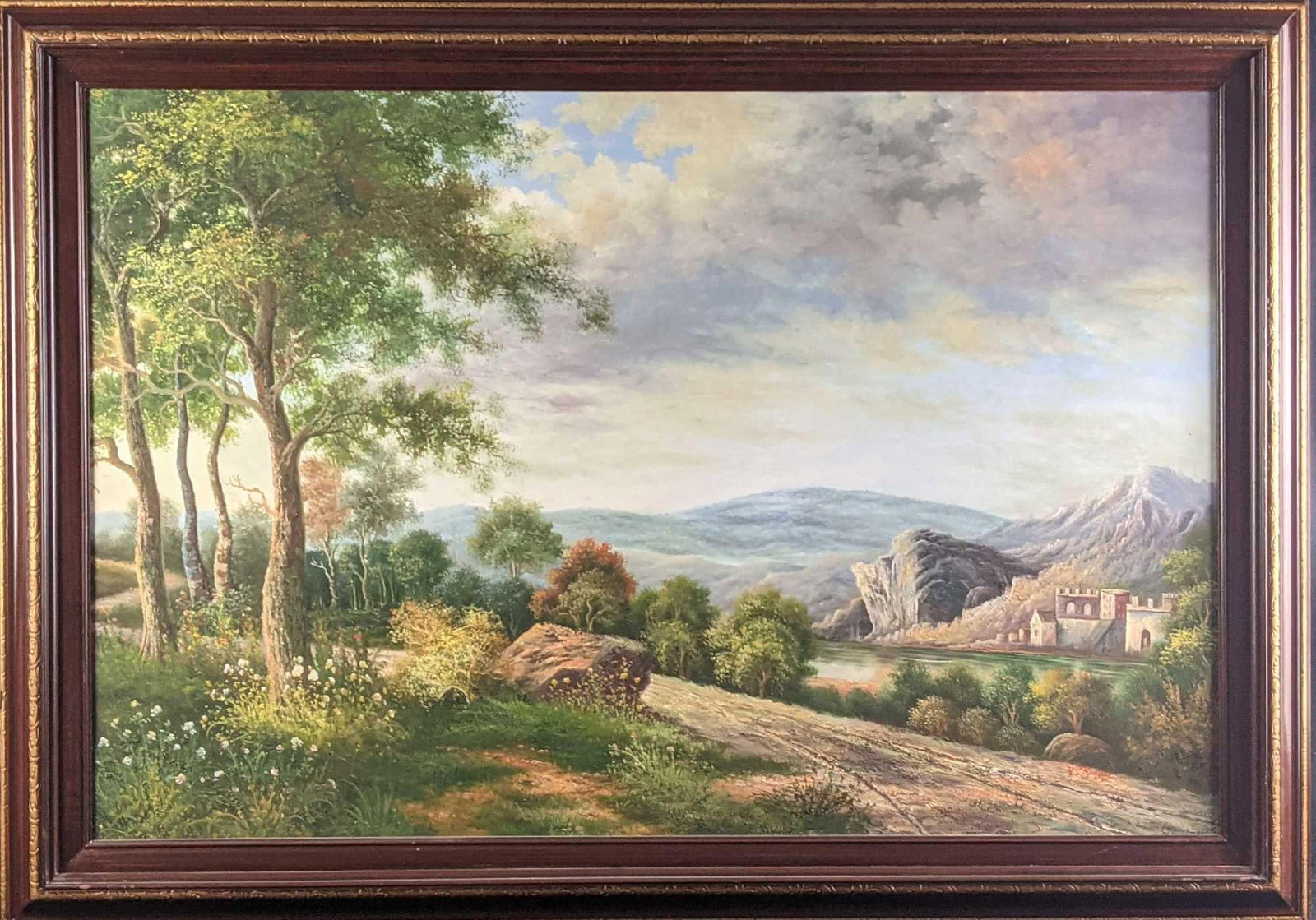 Framed Original Oil On Canvas Landscape Path By Castle: Framed original oil on canvas of a pathway that heads away from a fortress or castle and into some woods. The original is signed by the artist on the bottom right. The original is approx 41" x 2"