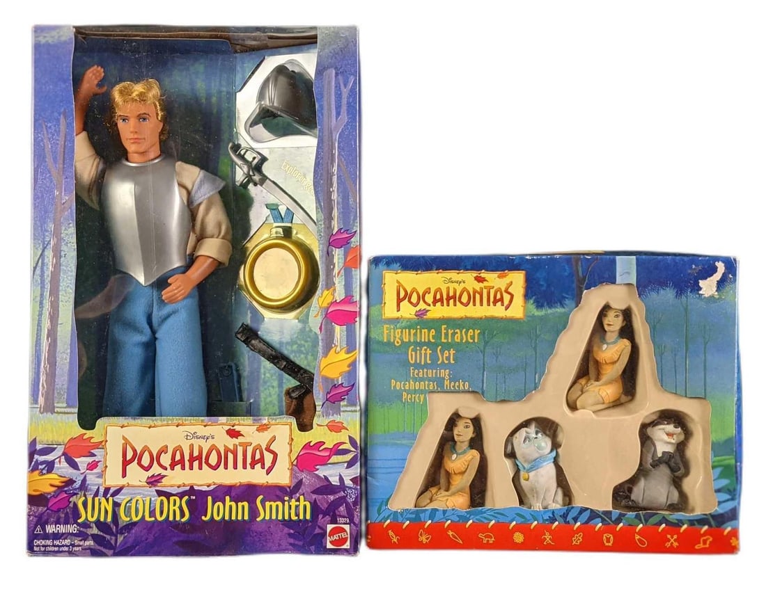Disney Pocahontas Figurine Eraser Set & Captain John Smith Doll: This lot includes: (1) Figurine Eraser Gift Set. Comes with two Pocahontas, Meeko and Percy. By Impact, Inc. The box is approx 9" x 2" x 7 1/4". (1) Sun Colors John Smith By Mattel. Was re