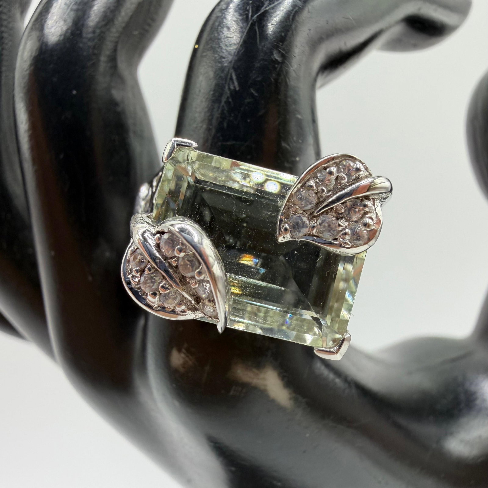 Prasiolite Green Amethyst Quartz CZ Sterling 925 Ring Sz 10: This item is in pre-owned, previously used/displayed condition with noticeable light wear and surface scratches. Please reference all photos for full details. This piece of jewelry has been tested and