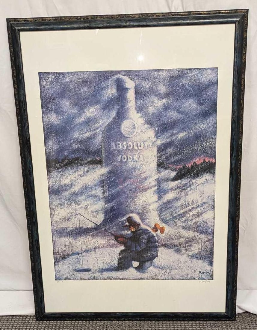 S&N Absolut Statehood: Minnesota Mike Reed Print: S&N Absolut Statehood: Minnesota Mike Reed Print. This lithograph is #74 out of #400. The framed print is approx 28 1/2" x 1" x 41" and it weighs 11.30lbs. The frame has chips and the 
