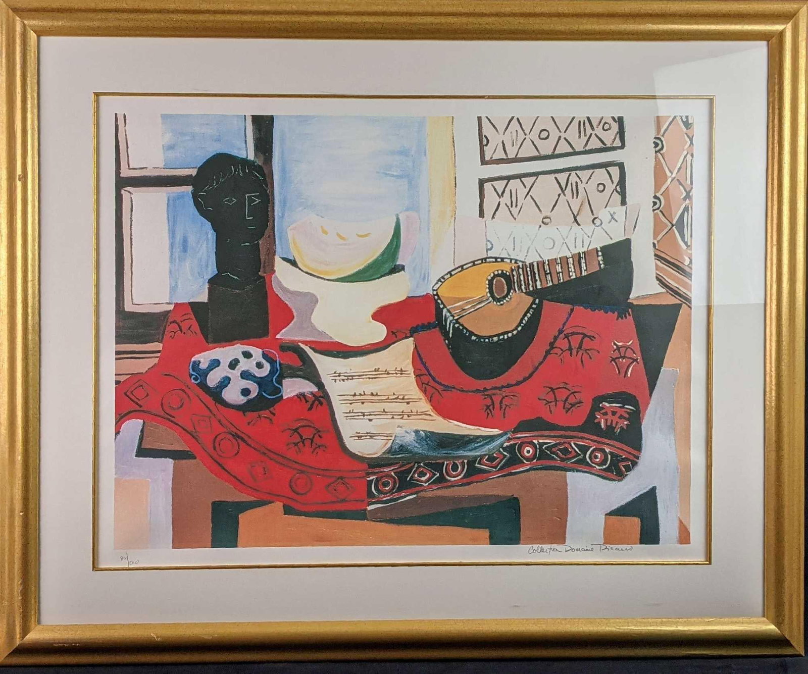 Framed Interpretation Of Picasso Still Life With Guitar X9: This is a limited edition print of an original that was commissioned by the 'Masterpiece Series" via the Pablo Picasso International Licensing Company of a "Still Life With Guitar'. This is signed on 