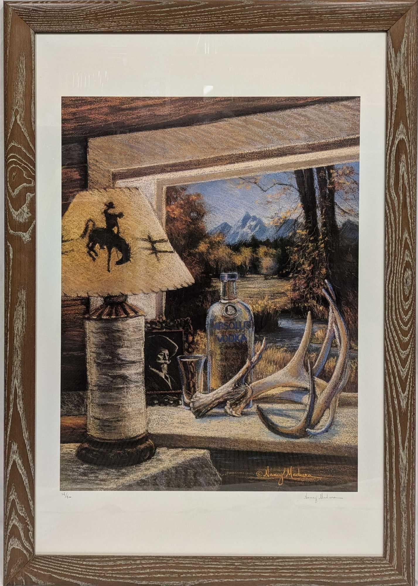 S&N Absolut Statehood: Wyoming Nancy Madura Print: S&N Absolut Statehood: Wyoming Nancy Madura Print. This lithograph is #74 out of #400. This framed print is approx 30 1/4" x 1" x 42 1/2" and it weighs 16.60lbs. The frame has small ch