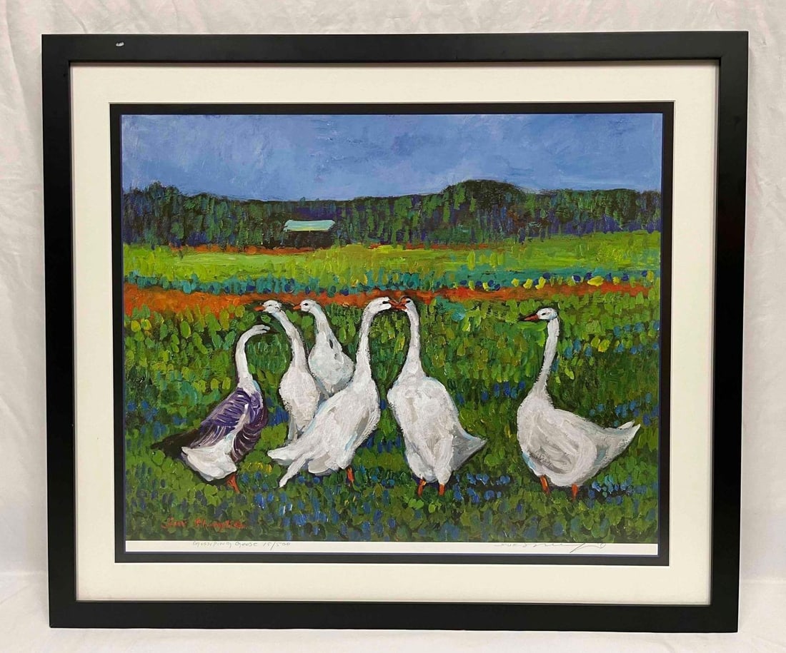 Signed & Numbered Print "Gossiping Geese" 15/500 By Suk Shuglie: This lot contains a Signed & Numbered Print "Gossiping Geese" 15/500 By Suk Shuglie. Shuglie was one of eight children and grew up on a farm in the small town of Yesan. She began painting 