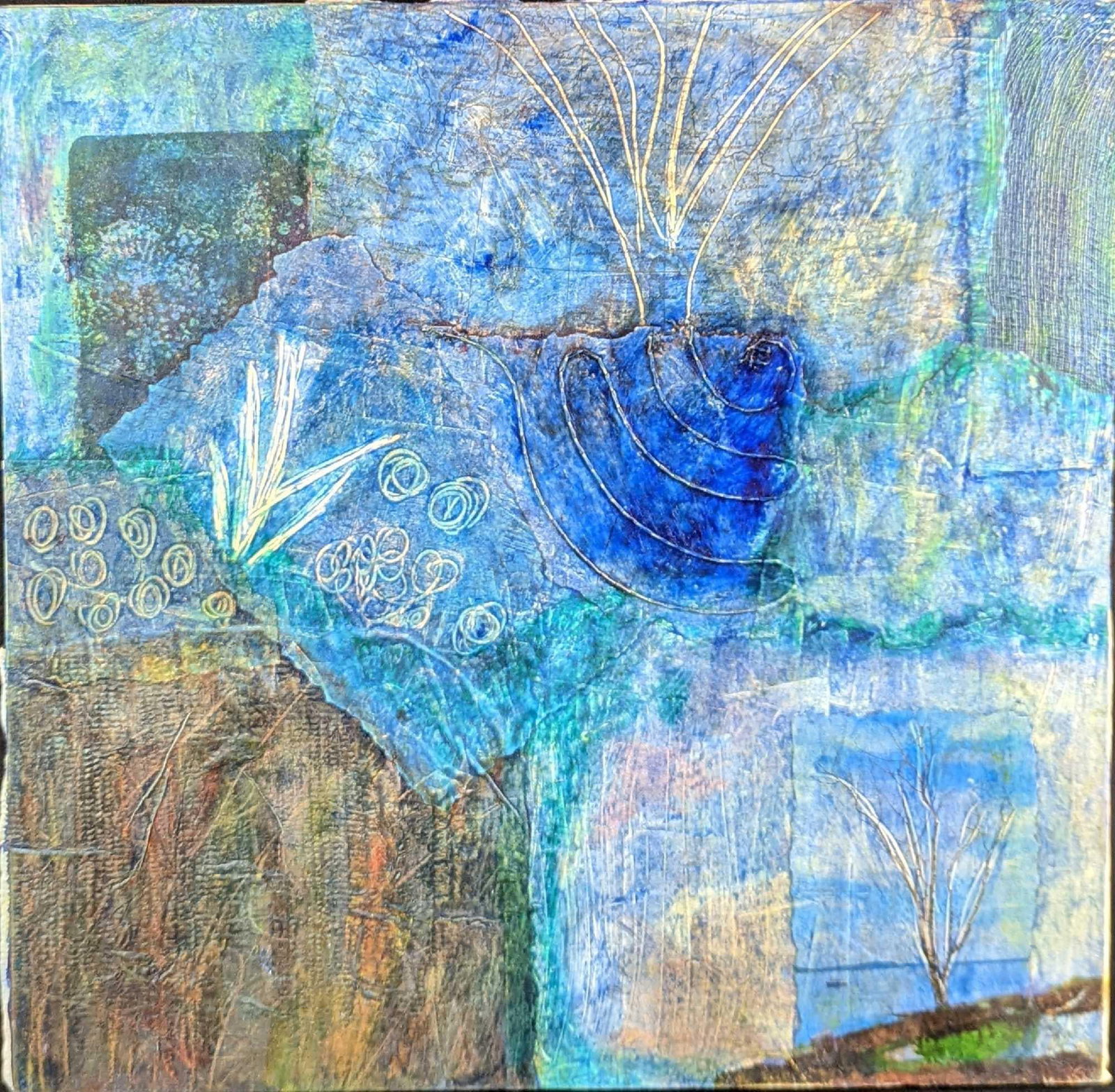 Etta Jean Juge Encaustic Mixed Media From The Earth: "From The Earth". This piece by Etta Jean Juge is an encaustic mixed media painting done on a wooden board. The combination of the texture of the wax and the way colors swirl and blend in the 