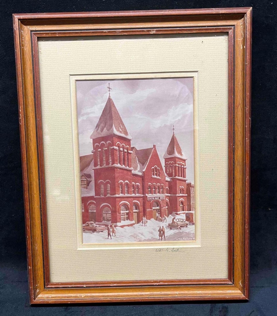 Signed & Framed Central Market Print By William Falkler: This lot contains a Signed & Framed Central Market Print By William Falkler. The frame is approx 10 3/4" x 1" x 13 3/4" while the print itself is approx 7 3/4" x 5 3/4" and it weighs about 1