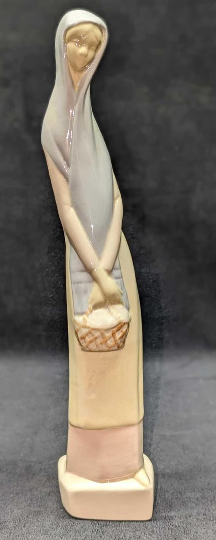 Vintage Ceramic Lady With Basket Figurine: Vintage Ceramic Lady With Basket Figurine. Similar to Lladro. Is signed "Mary" on the bottom. Is approx 3" x 2 1/4" x 15" and it weighs 0.92lb. The figurine has no chips or cracks.