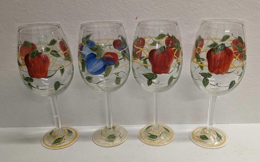 4 Hand Painted Wine Glasses With Fruit Designs B: 4 Hand Painted Wine Glasses With Fruit Designs B. The maker and date of creation is unknown. Each glass is approx 3 1/2" x 3 1/2" x 8 3/4" and the total weight is 1.76lbs. Hand wash only.