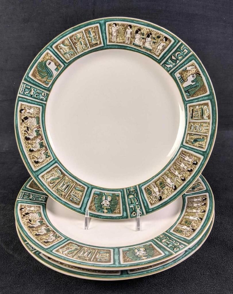 3 Furio Contemporary Casuals Egyptian Hieroglyphics Plates: Three Furio Contemporary Casuals Egyptian Hieroglyphics Fine China Plates. This design has been retired by the company. The plates are approx 10 1/2" and are all in a good, vintage condition with no k