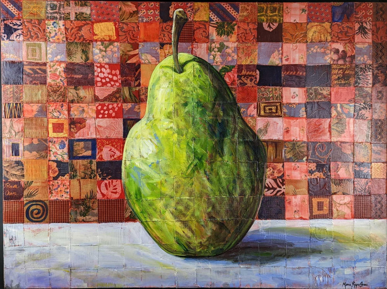 Large Maria Reyes Jones Original Mixed Media Pear: Here is an large mixed media painting of a pear with a patchwork background by Florida artist, Maria Reyes Jones on canvas. The original is a series of acyclic on canvas squares with a patchwork 