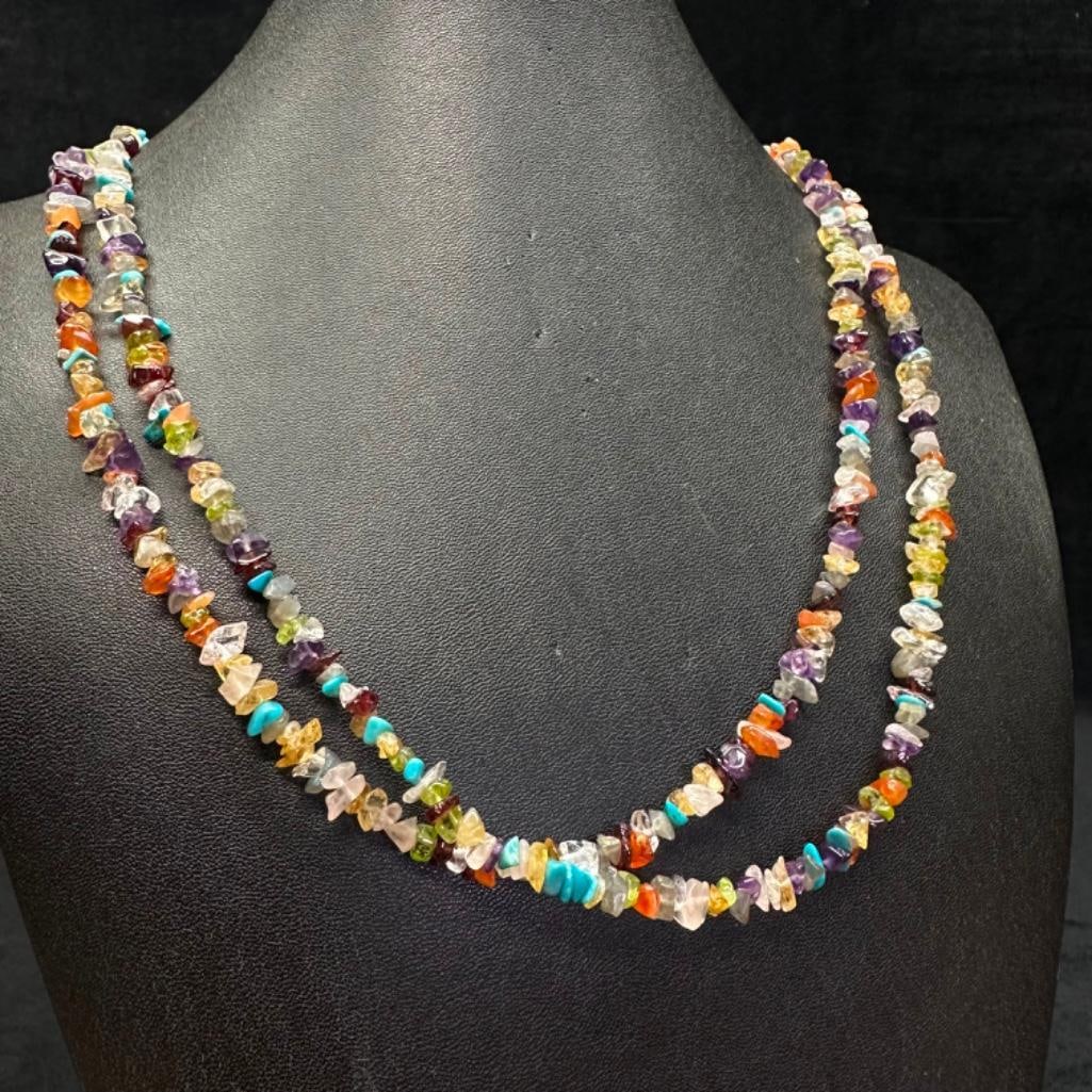 Sterling Silver Multi-Stone Necklace: This piece of jewelry has been tested and researched prior to listing. Please view all our pictures they are part of our description. DETAILS: Metal - Sterling Silver Color -Silver Stones - u/k Hallma