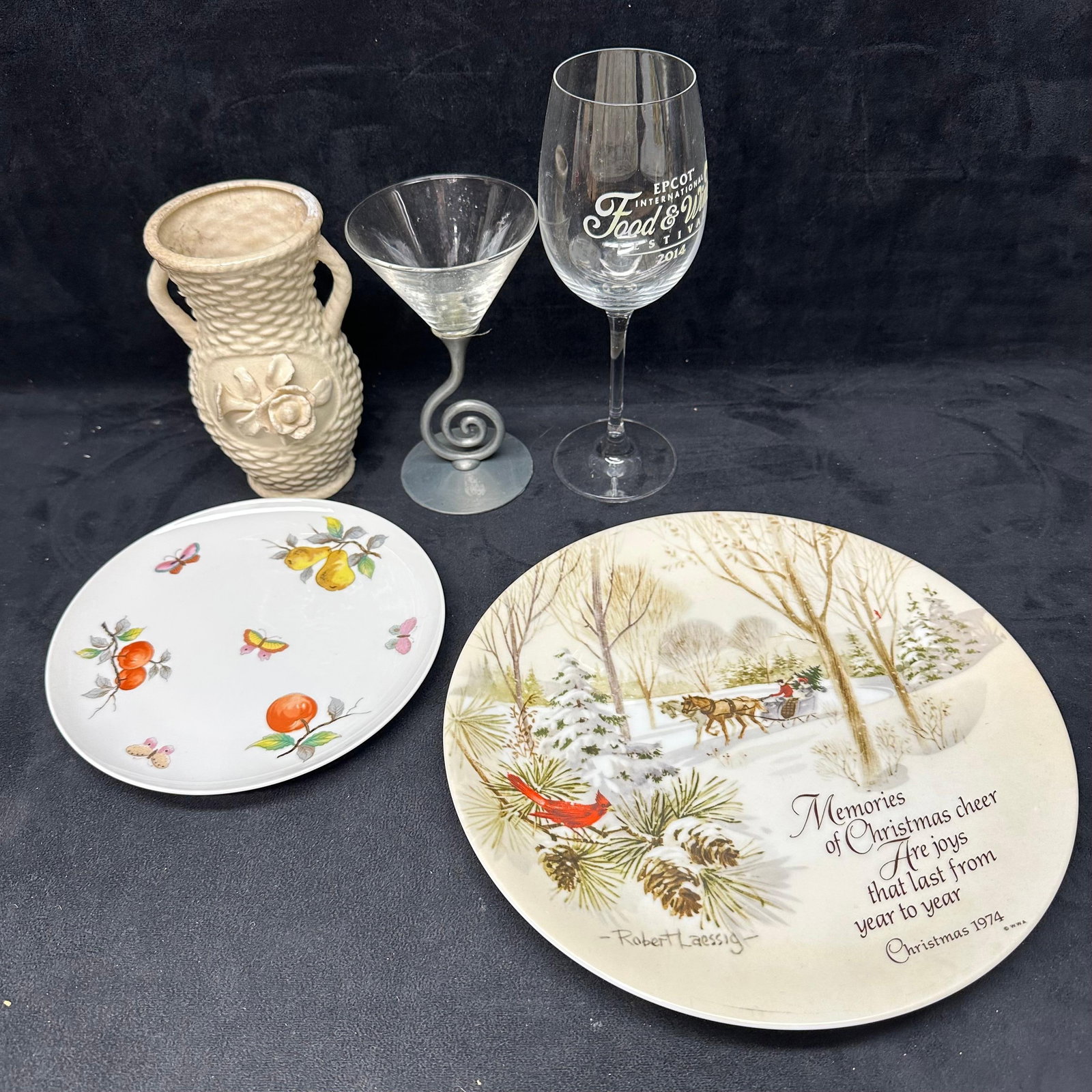 Variety of Kitchen Collectibles Plates Glasses Vase Lot of Five: A variety of kitchen collectibles, including two plates, a vase, and two glasses. These items are in good pre-owned, previously displayed condition with light wear and surface markings. Please referen