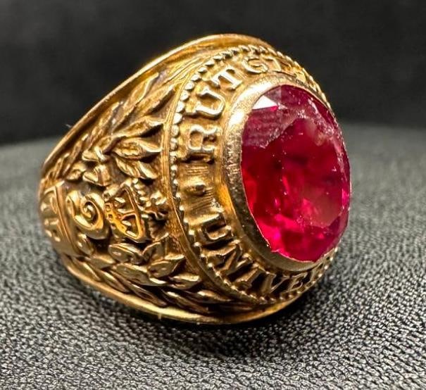 10k Gold Rutgers Class Ring 1956: This piece of jewelry has been tested and researched prior to listing. Please view all our pictures they are part of our description. DETAILS: Metal - 10k Gold Color - Yellow/Gold Stones - Synthetic R