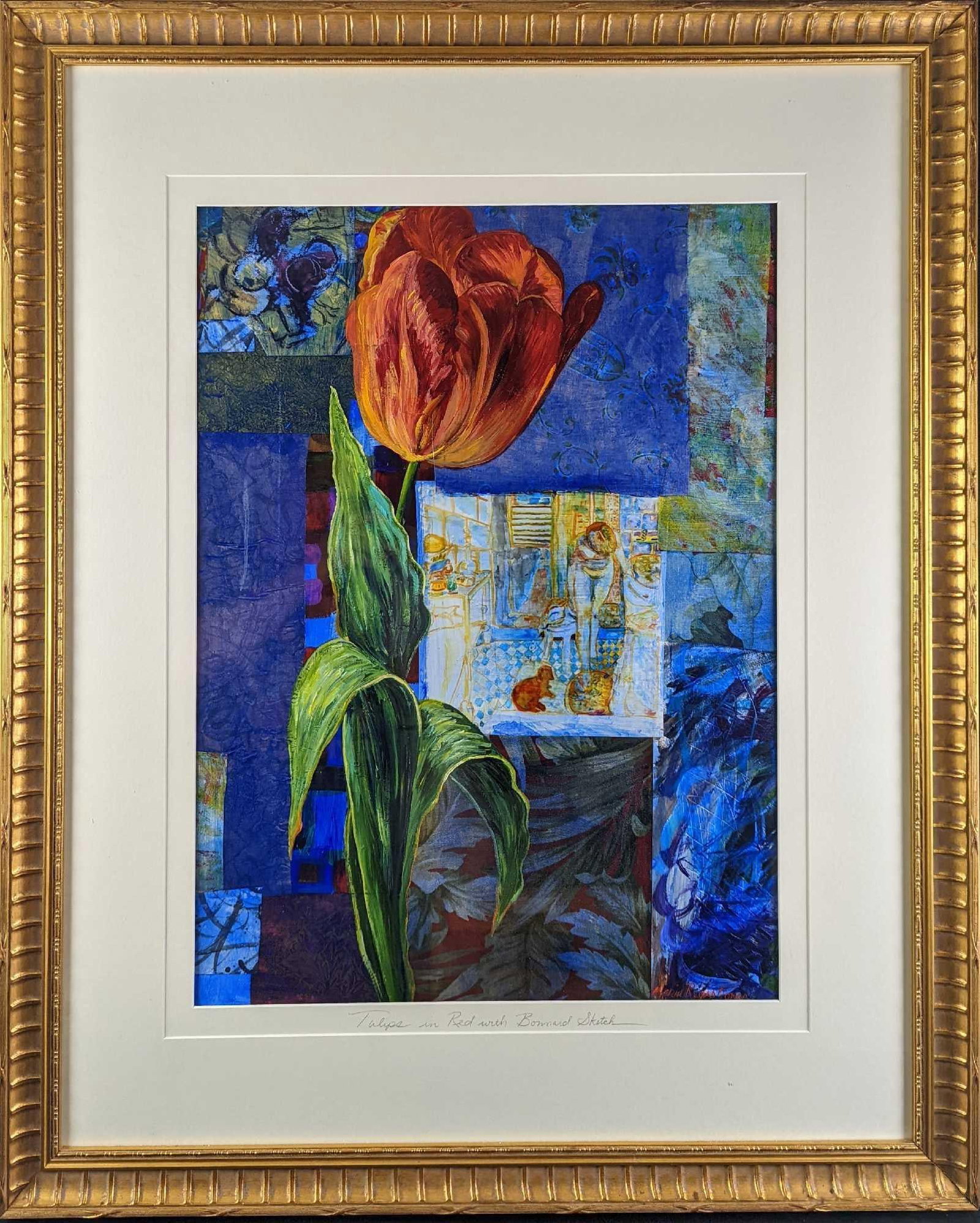 Framed Maria Reyes Jones Tulips Original Mixed Media: Framed Maria Reyes "Jones "Tulips In Red With Bonnard Sketch" Original Mixed Media. Here is a mixed media acyclic painting by Florida artist Maria Reyes Jones. The artist s