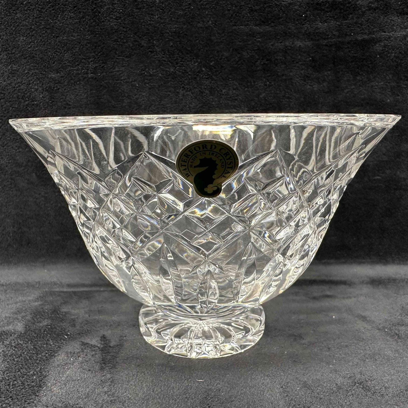 Waterford Crystal Glass Footed Pedestal Candy Dish Nut Bowl: Original tag still intact. Marked Waterford. One noticeable imperfection, a chip break in the glass on the rim, in great shape considering age and storage, minor wear. This item is in good pre-owned, 