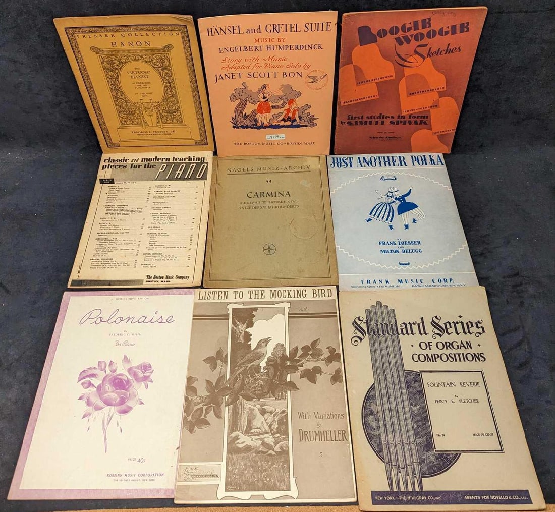 9 Vintage Sheet Music And Sheet Music Paperbacks: 9 Vintage Sheet Music And Sheet Music Paperbacks. This lot includes: (1) Polonaise. (1) Listen To The Mocking Bird With Variations By Drumheller. This was copyrighted in 1908. (1) Standard