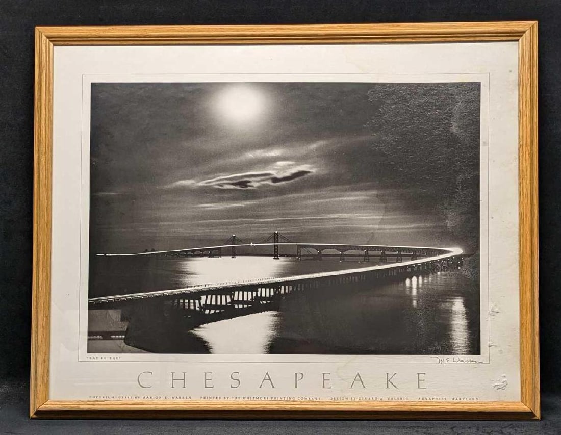 Framed Marrion E Warren Signed Chesapeake Bay Bridge Poster: Framed Marrion E Warren Signed Chesapeake Bay Bridge Poster. The poster print is called "Bay Bridge" and is approx 27 1/2" x 1" x 21 1/2" and it weighs 5.60 lbs. The poster was signed by the artist