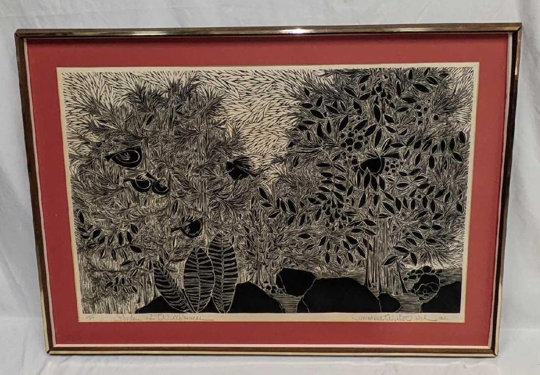 Framed S&N Carmine de Vivi Woodblock Print R72: Framed S&N Carmine de Vivi Woodblock Print R72. This is approx 41" x 1 3/4" x 29" and it weighs 7.20lbs. This one is #7 out of #20. The framed print is missing a hook or wire, and there is no glass or