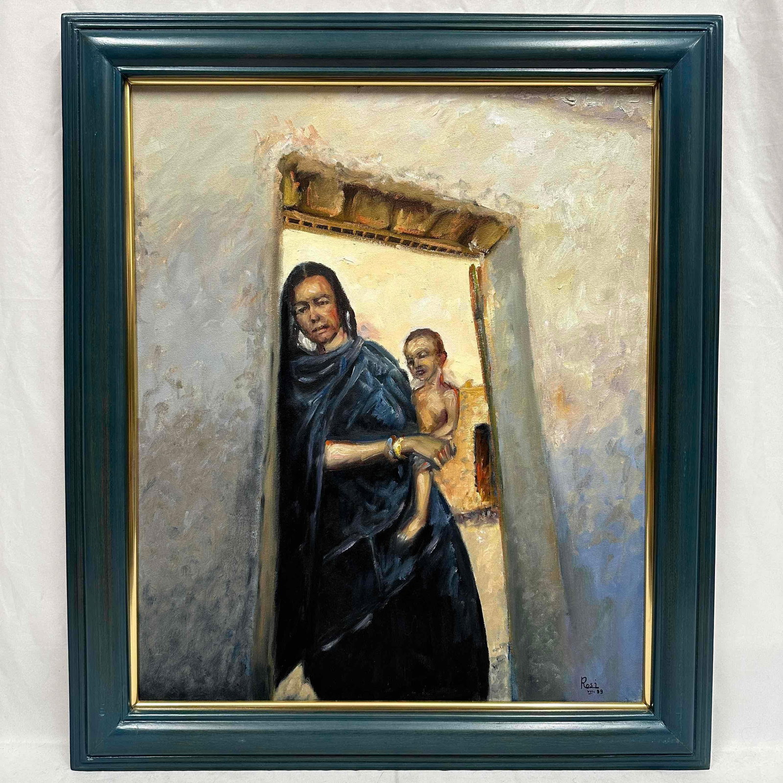 Mother and Child in Doorway Painting by Rosi Framed Oil on Canvas R152 (1 of 9)