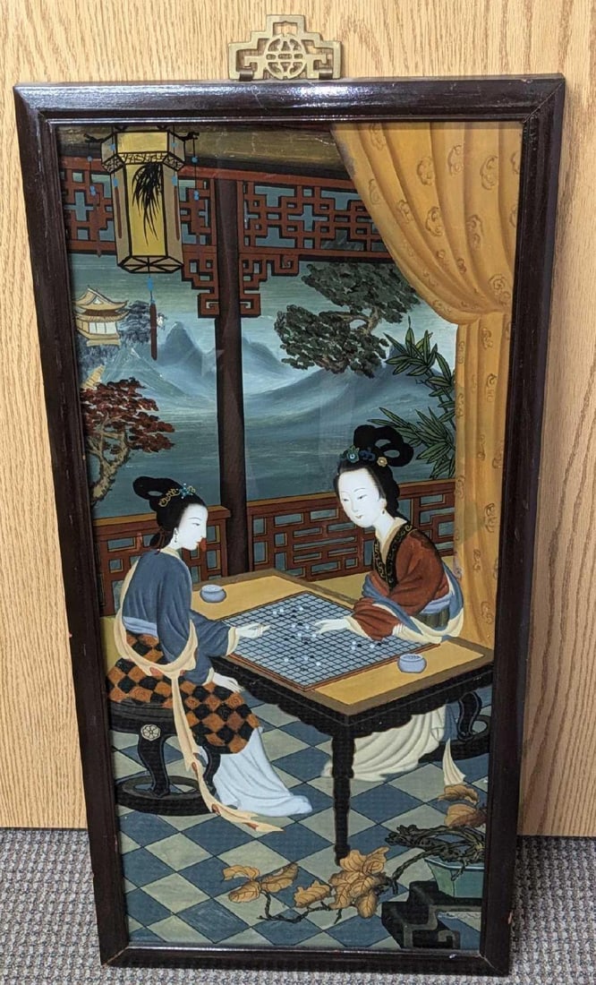 Vintage Framed Reverse Painting On Glass Board Game R72: Vintage Framed Reverse Painting On Glass Board Game R72. Original painting shows two ladies playing a game, which is probably, "Go". This is approx 16" x 1" x 33 3/8" and it weighs 7.90lbs. The frame 