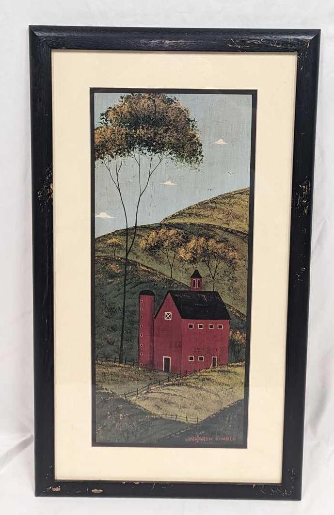 Framed Warren Kimble Red Barn Print: Framed Warren Kimble Red Barn Print. The framed print is approx 16" x 1" x 28" and it weighs 5.10 lbs. The frame has some wear and scratches. The backing paper has some rips. Please note, the signatur