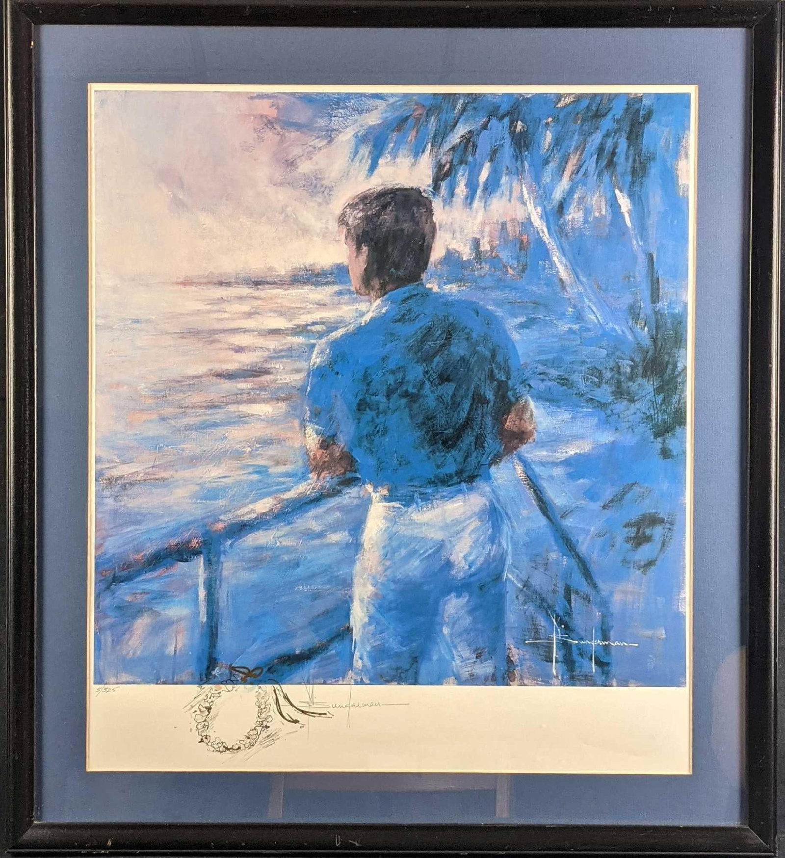 Limited Edition Marilyn Sunderman Framed Print: Limited Edition Marilyn Sunderman Framed Print. Print shows a man staring out into the water. Is #5 out of #325. The framed print is approx 27" x 1" x 30" and it weighs 8lbs. The fram