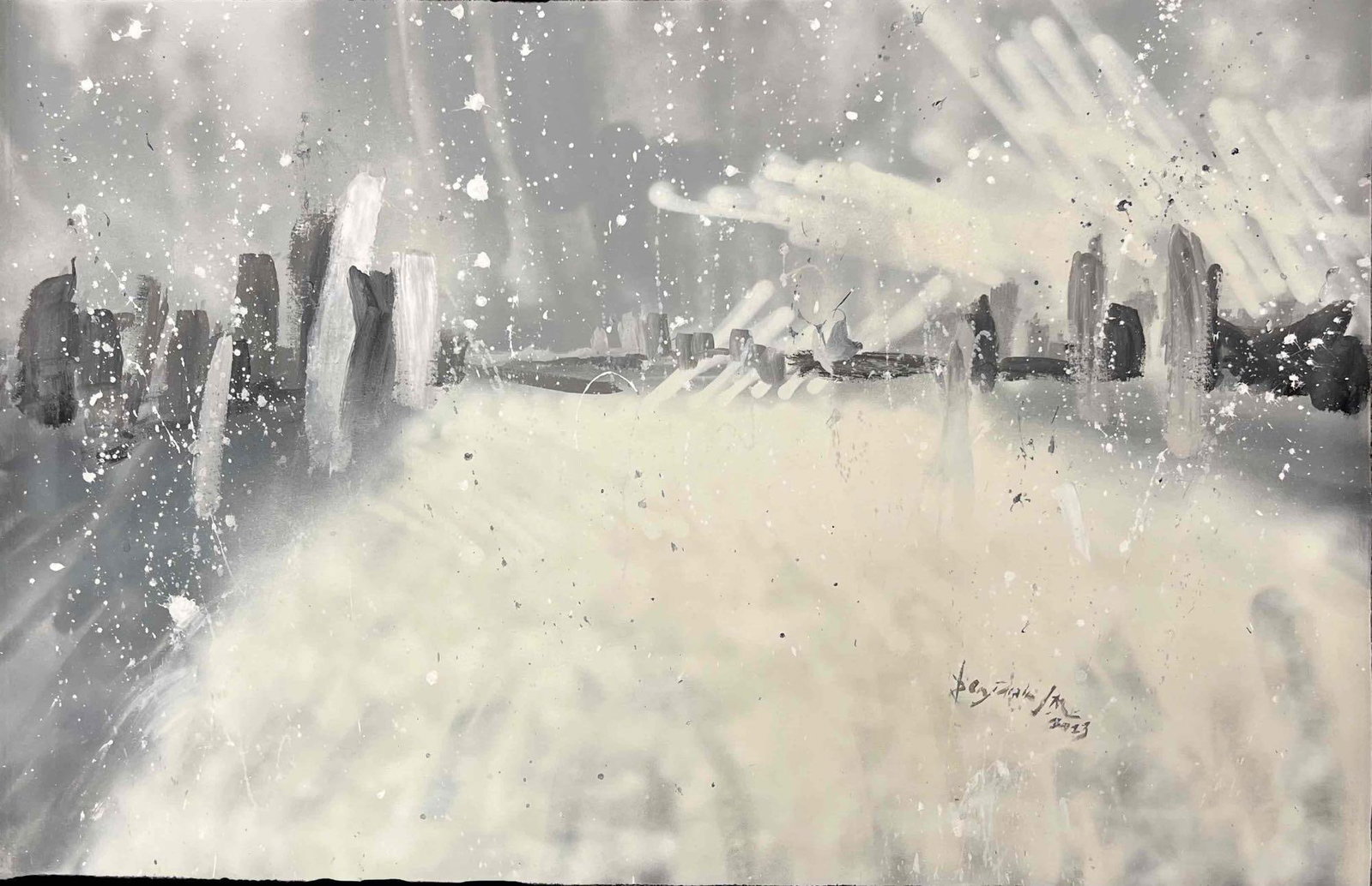 Original Acrylic Paint And Spray Paint On Canvas WINTER SNOW IN NEW YORK CITY, USA by BENJAMIN L.M: This lot contains a Original Acrylic Paint & Spray Paint On Canvas, Winter Snow In New York City, USA by Benjamin L.M. 2023. Benjamin L.M. is from Adelaide, Australia, and is now based in New Jers