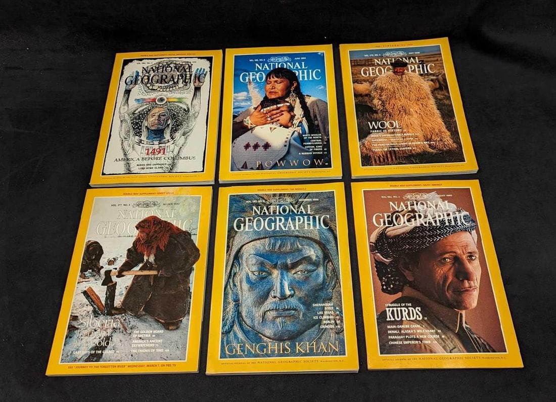 6 1990s National Geographic Magazines P: 6 1990s National Geographic Magazines P. This lot includes: (1) June 1994 - Powwow. (1) May 1998 - Wool Fabric Of History. (1)October 1991 - 1491 America Before Columbus. (1) August 1992 -