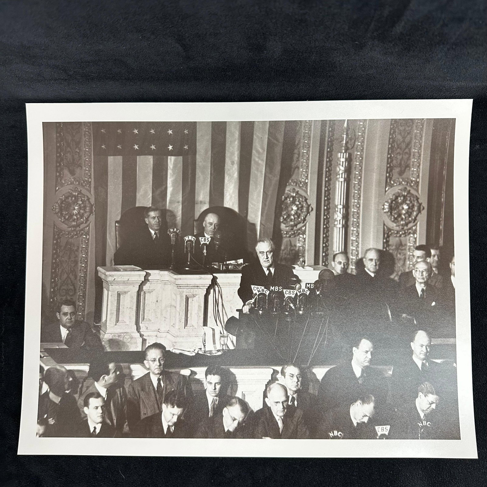 Franklin D. Roosevelt Day of Infamy Speech WWII Pearl Harbor Response Historic Analog Photo Print: Black and white analog photograph on pearl resin-coated photo paper depicting President Franklin D. Roosevelt delivering his historic "Day of Infamy" speech before Congress on December 8, 1941