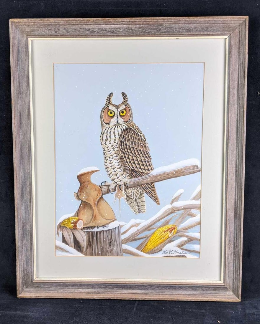 Horned Owl By Karl Karalus: Subject: Horned Owl Size: 27in x 22 3/4in Weight: 10lbs with bonus Medium: Watercolor Bonus: "The Wading Birds Of North Amer