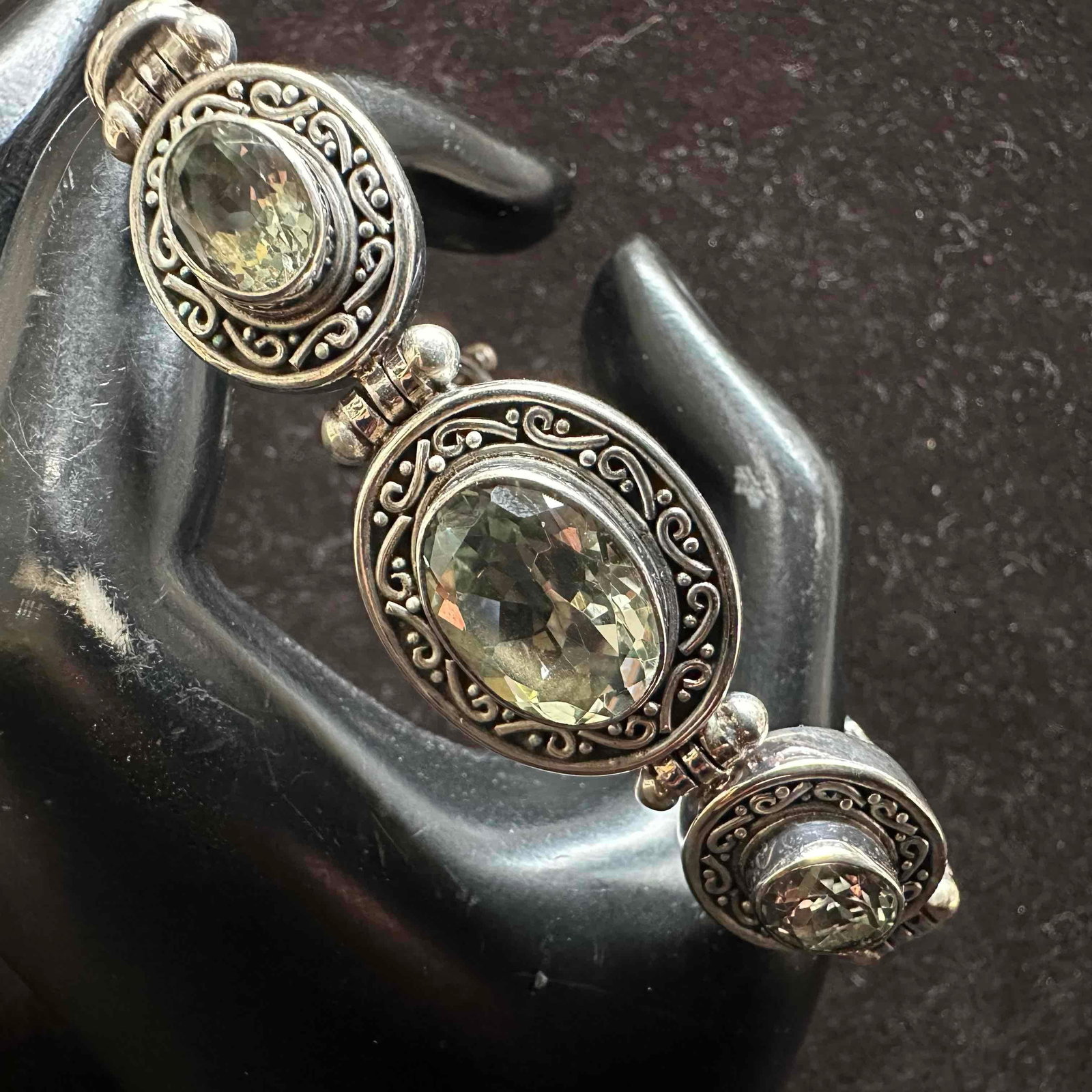 BA Indonesia Ornate Sterling Silver 925 Bracelet Faceted Oval Round Gemstone Setting Vintage Style: This item is in good pre-owned, previously used/displayed condition with noticeable light wear, and surface scratches. Please reference all photos for full details. This piece of jewelry has been test