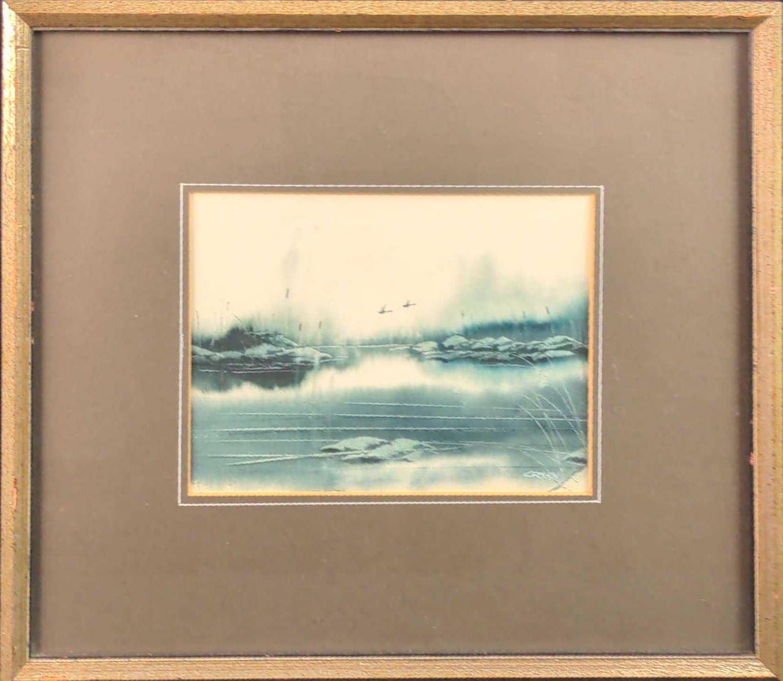 Original Framed Pen And Ink and mixed media, Steven Cryan Of Flying Gees: Original Framed Pen And Ink and mixed media, Steven Cryan Of Flying Geese. Framed original is approx 14 1/2" x 1/2" x 13". Original is approx 7 1/2" x 6" and is in a good, use