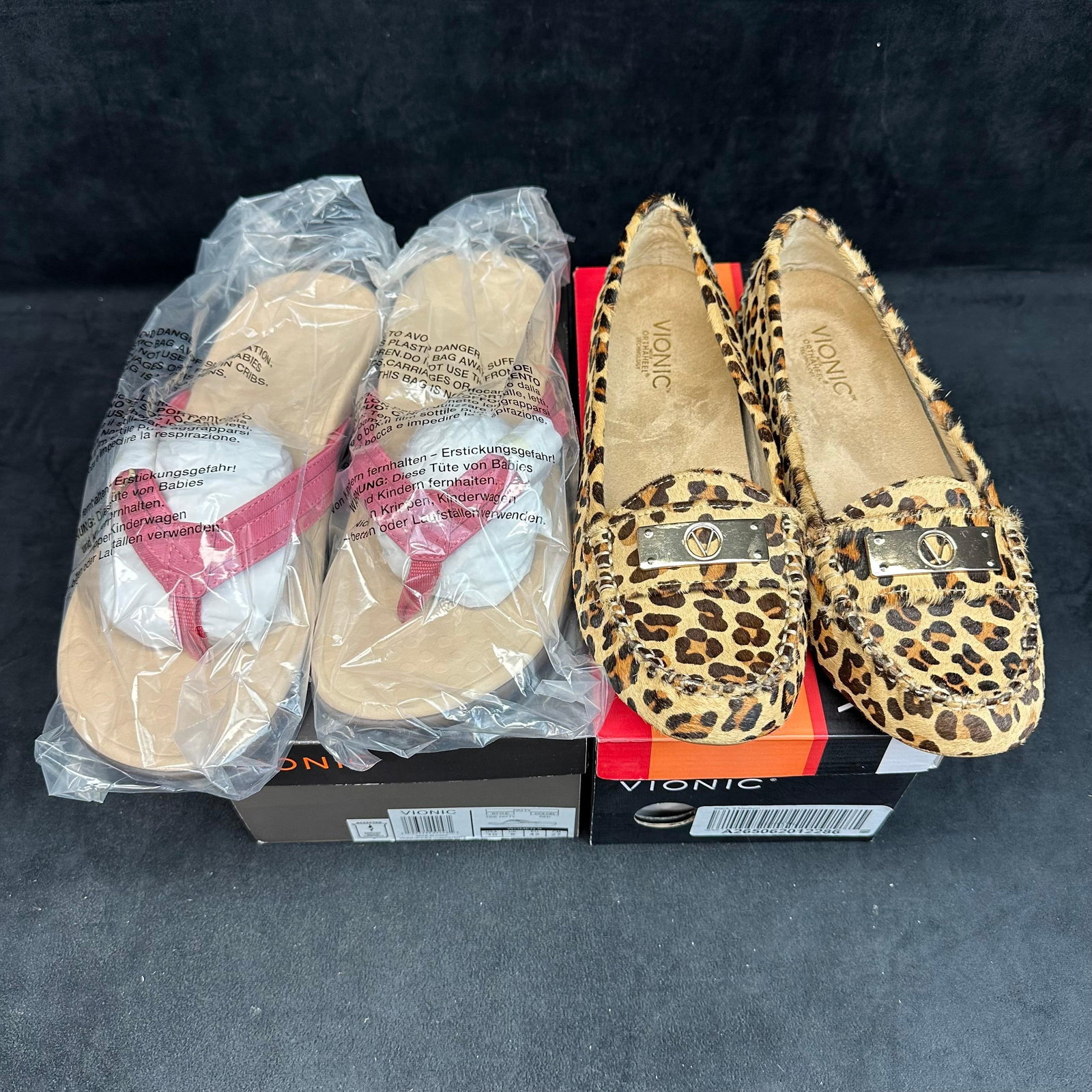 Vionic Women’s Shoes Lot Two Pairs Red Thong Sandals New and Leopard Print Loafers: Stylish lot of two pairs of Vionic women’s shoes, size 10 and 9.5, featuring Vionic’s signature orthotic comfort and quality craftsmanship. Includes: • Vionic Red Thong Sandals