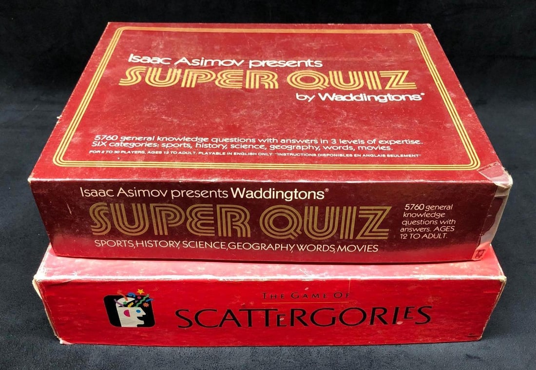 2 Vintage Games - The Game of Scattergories and Isaac Asimov presents Super Quiz: Two Vintage Games - The Game of Scattergories (1988 Milton Bradley) and Isaac Asimov presents Super Quiz (1982 Waddingtons Games). Scattergories 10-3/4" x 13-1/4" x 3" Super Quiz 12-