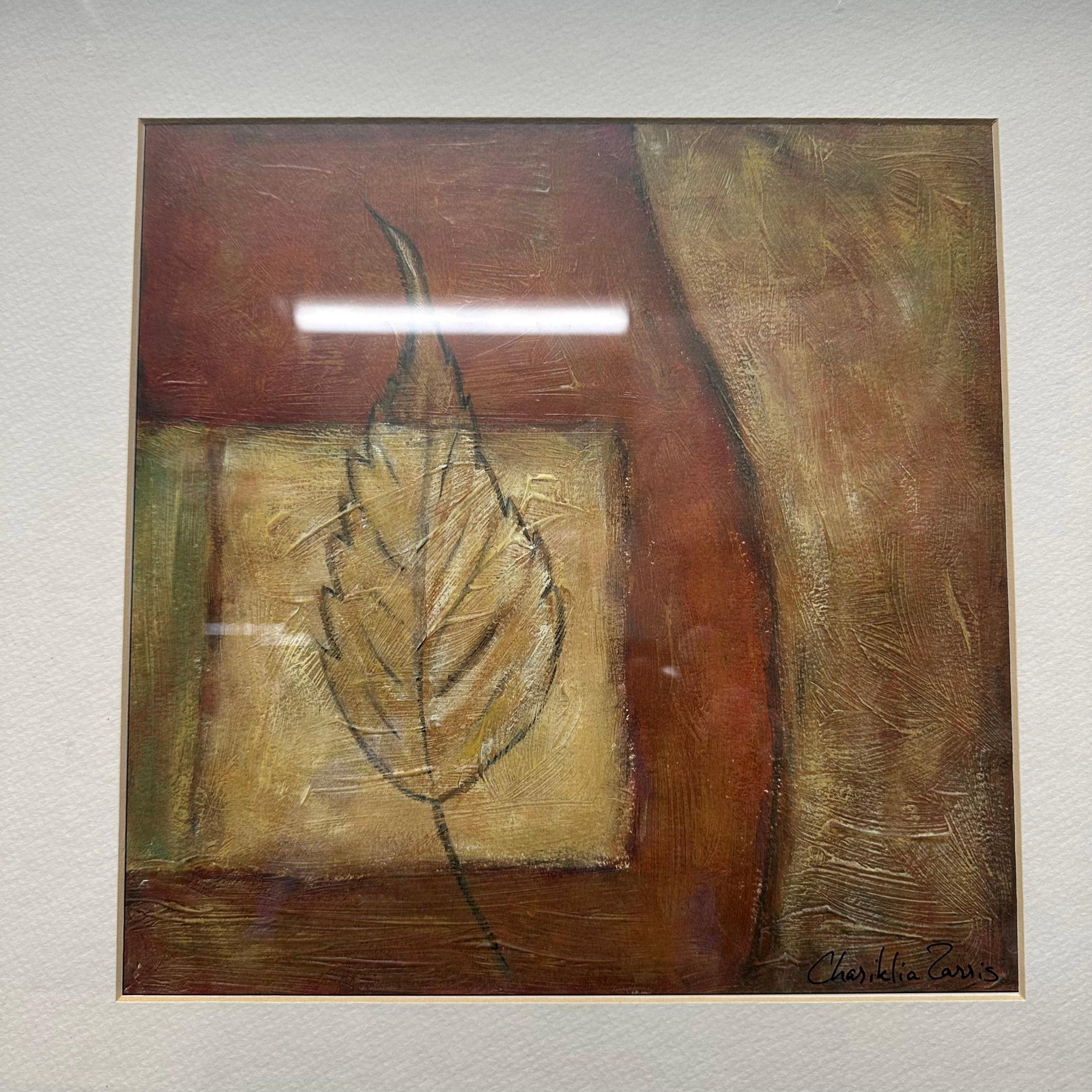 Chariklia Zarris Abstract Botanical Mixed Media Artwork Print Framed Shenandoah IV: Original abstract botanical mixed media artwork print by Chariklia Zarris, depicting stylized plant forms in an earthy palette of greens, ochres, reds, and browns. Print signed lower right. Verso bear