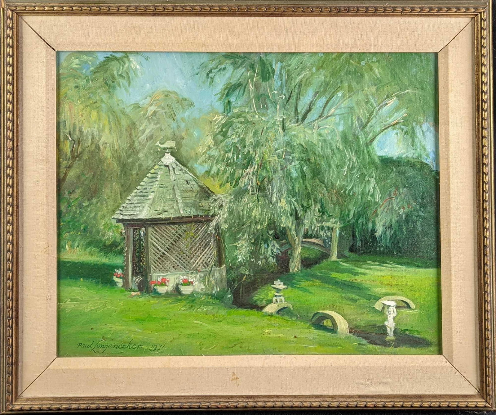 Original Paul Longenecker Framed Oil On Canvas Panel: Original Paul Longenecker Framed Oil On Canvas Panel. This original shows a lovely little gazebo along with a grassy field. The original is 25" x 1 1/2" x 21" and it weighs 4lbs. The origi