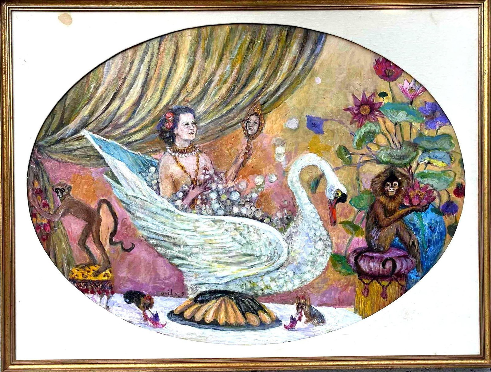 Original Oil Fantasy Painting by Onida Signed: Original Oil Fantasy Painting by Onida Signed This is a framed original oil painting of a fantasy land with a woman bathing in a swan tub with her pets all around her. This piece is in fair condition 