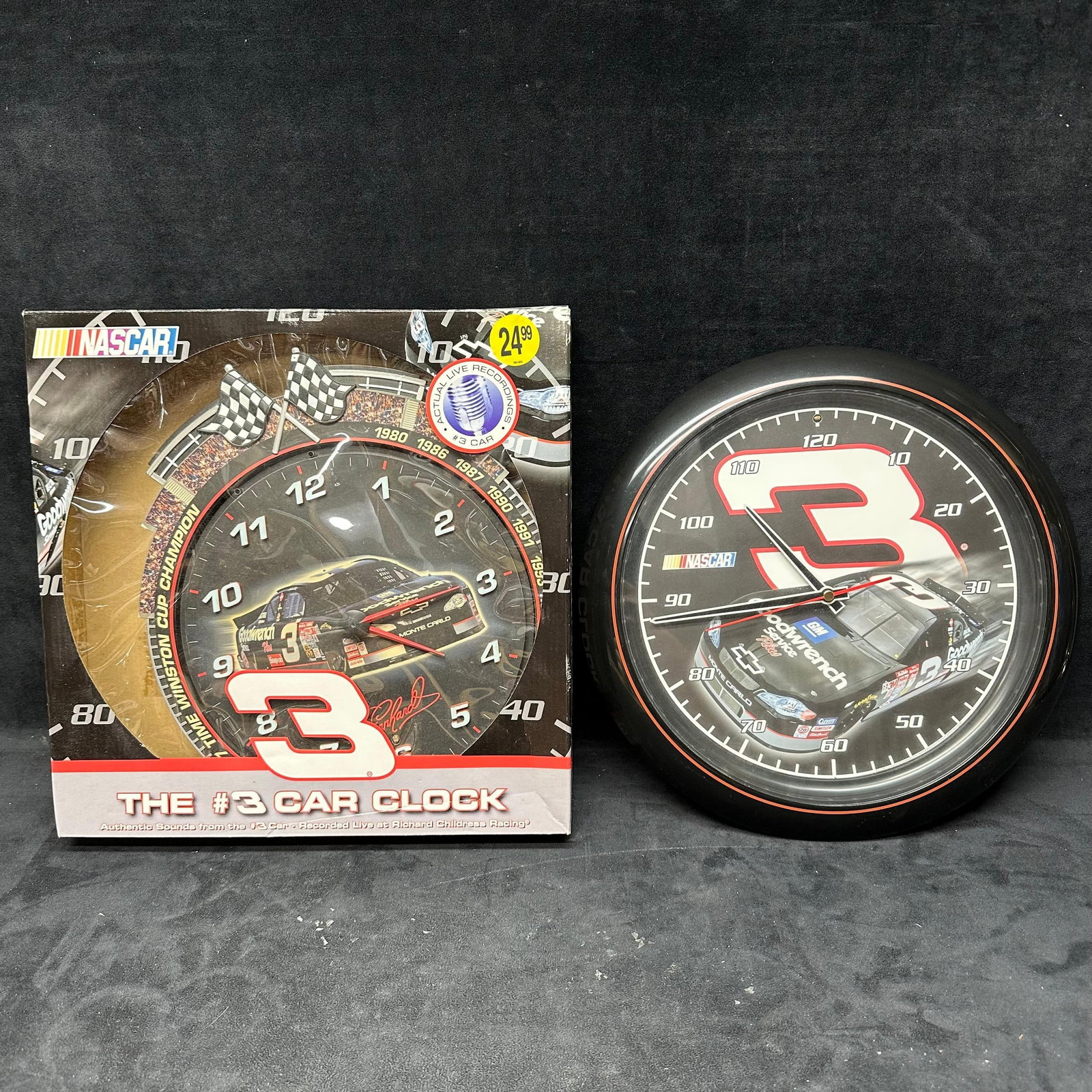 NASCAR Dale Earnhardt #3 Goodwrench Racing Wall Clock Set: Two NASCAR-themed wall clocks featuring the #3 Goodwrench Chevrolet Monte Carlo associated with Dale Earnhardt. Clock face is styled like a speedometer with a large number “3” and an image