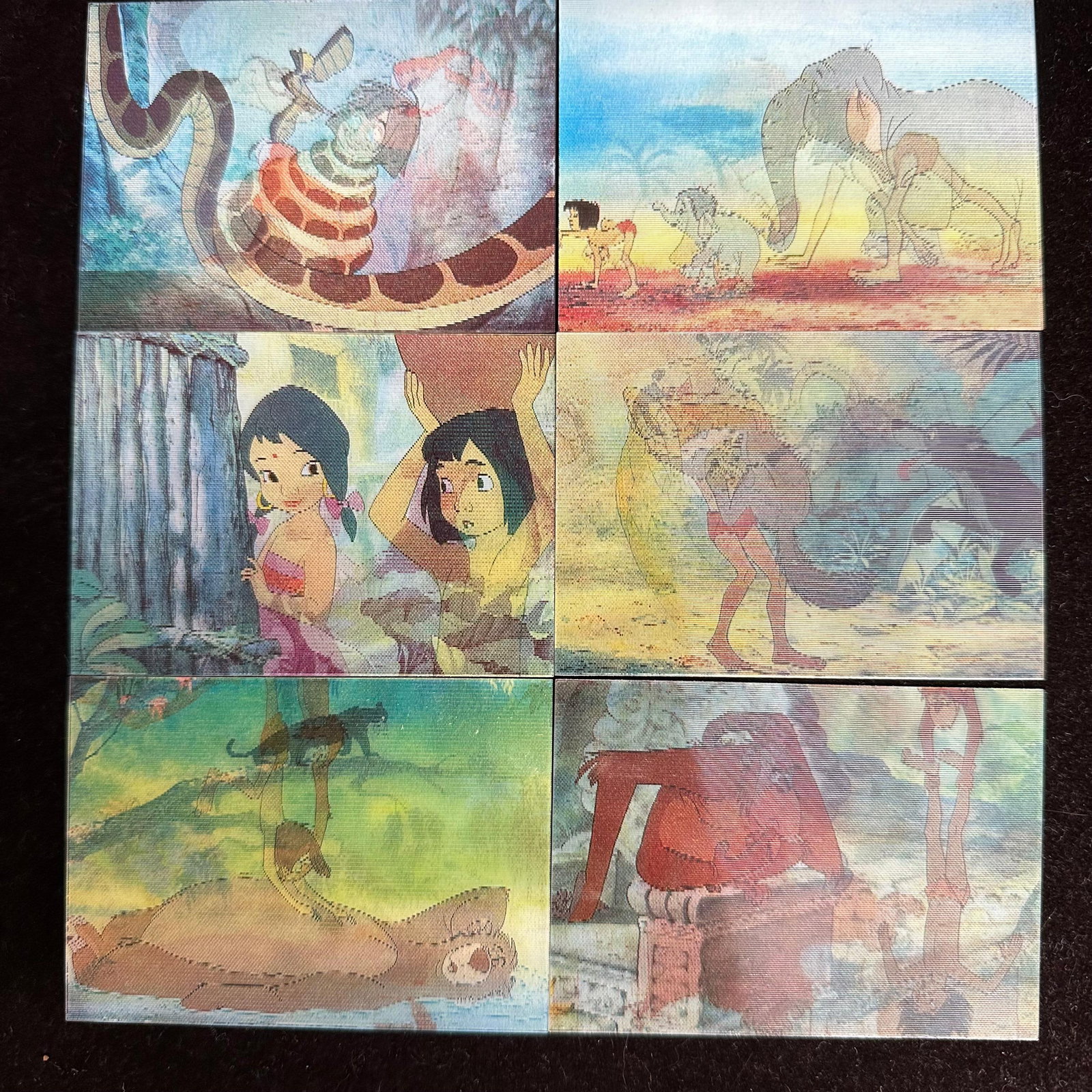 Disney The Jungle Book Kid Cuisine Promotional Trading Cards Lenticular: A set of six vintage promotional trading cards featuring scenes and story excerpts from Disney’s The Jungle Book. Issued in collaboration with Kid Cuisine and ConAgra Foods as part of a licensed