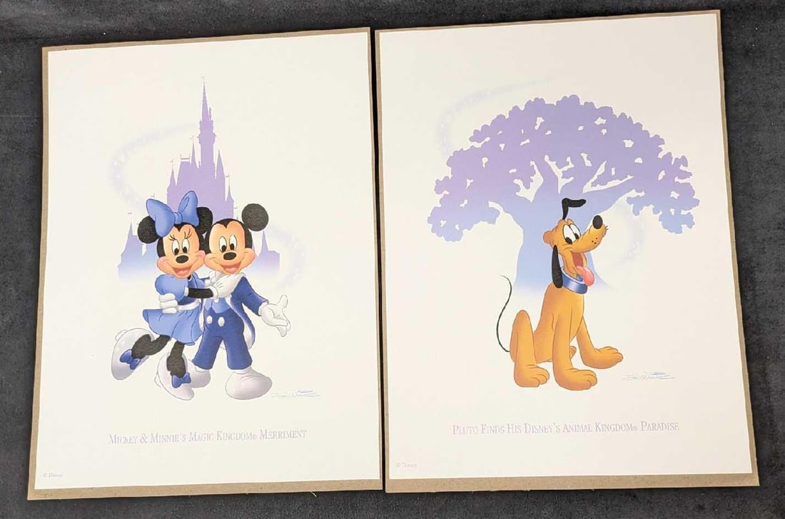 Disney Don Williams Donald Pluto Prints & Mickey Mouse & Minnie Mouse Prints: Disney Don Williams Donald Pluto Prints & Mickey Mouse & Minnie Mouse Prints. This lot contains, "Mickey & Minnie's Magic Kingdom Merriment" and "Pluto Finds His Disney Animal Kingdom Paradise" prints