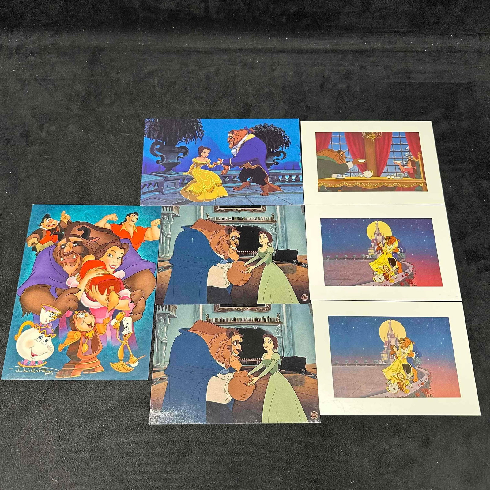 Disney Beauty and The Beast Postcards Animation Art Memorabilia: Collection of seven vintage Disney Beauty and the Beast postcards featuring iconic scenes and characters from the 1991 animated classic. Includes two matching Animation Art postcards of Belle and Beas