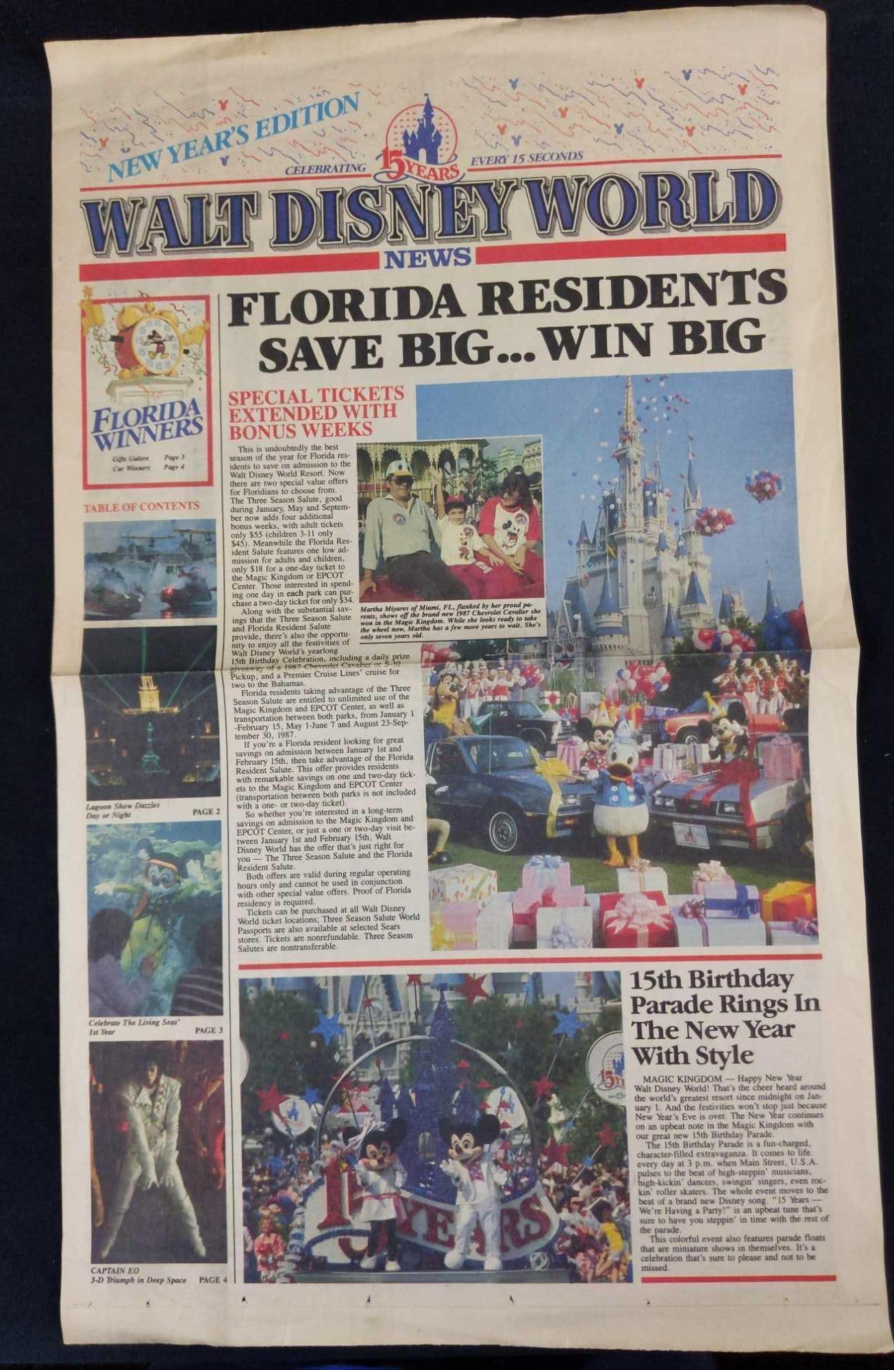 Walt Disney World News 15th Anniversary Near Years: Newspaper that was given out during Walt Disney World's 15th anniversary in 1986. This paper highlights the winners of a year long daily prizes guests could receive as they entered the park. The paper