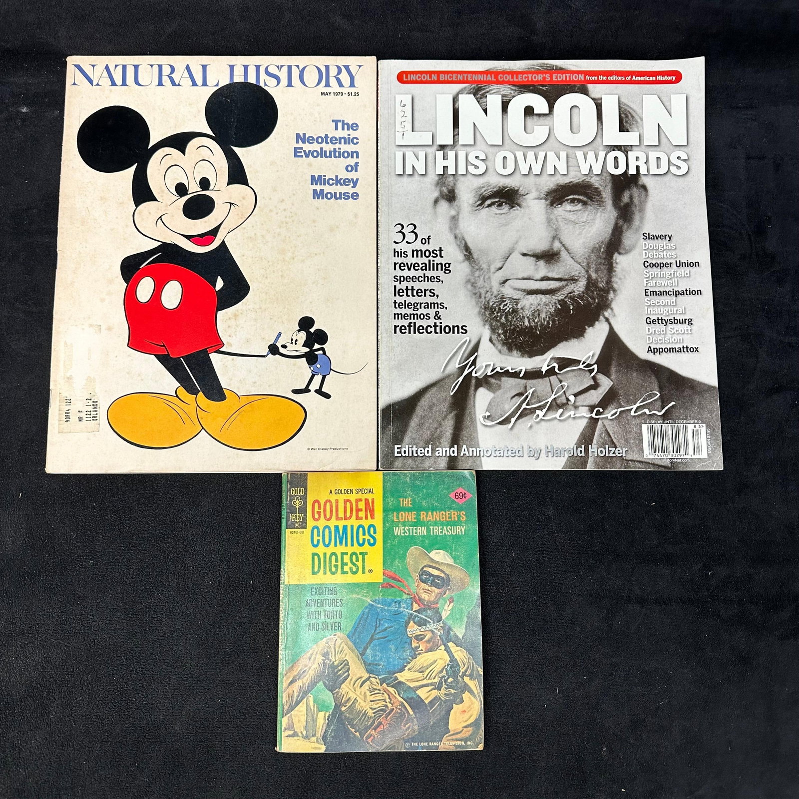 Magazine and Comic Digest Lot Mickey Mouse Lincoln Bicentennial Lone Ranger: Mixed lot of vintage printed material, including magazines and comic digests. These items are in pre-owned, previously displayed condition with light wear and surface markings. Please reference all ph