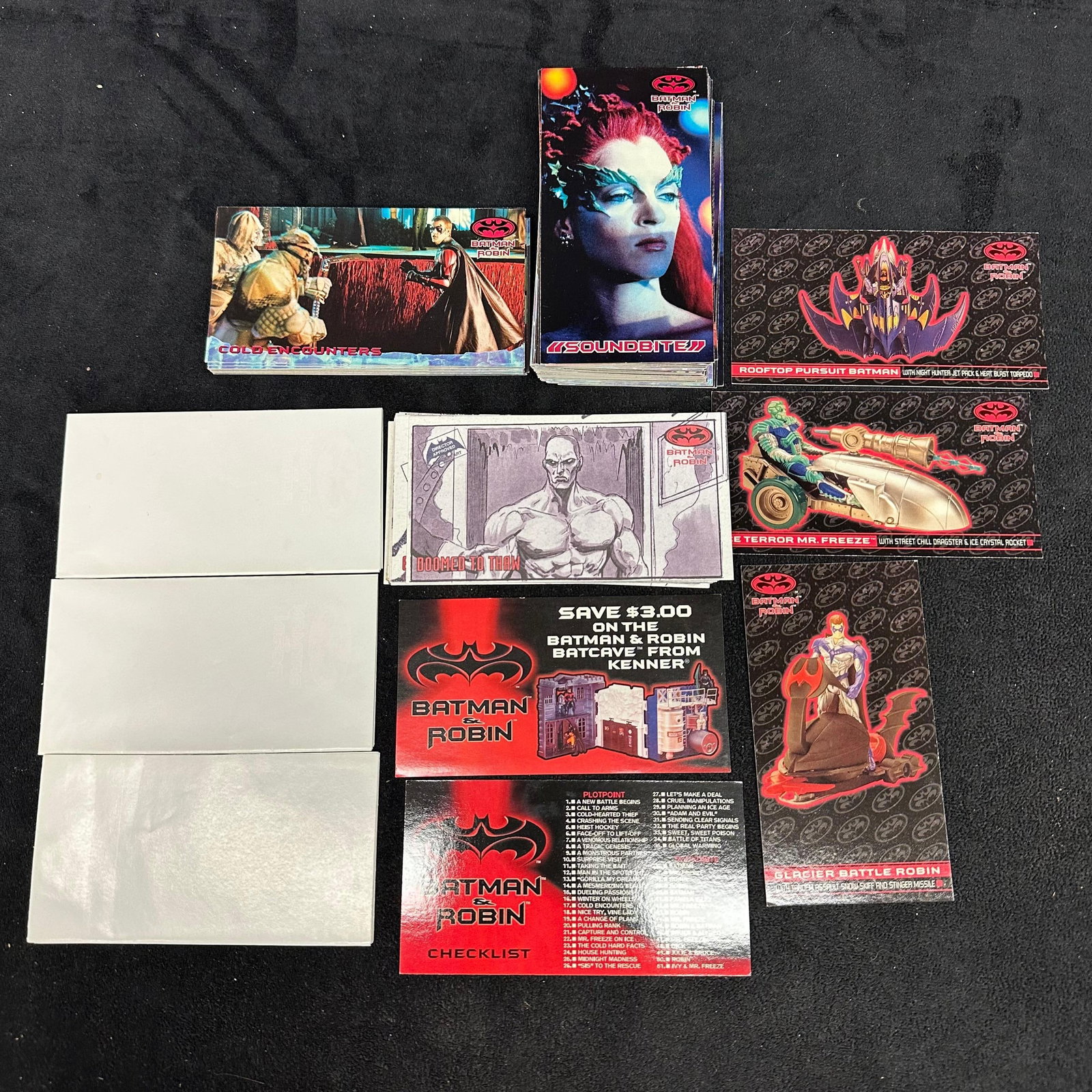 1997 Batman and Robin Skybox Premium Trading Cards DC Comics: Various 1997 Batman and Robin Skybox Premium Trading Cards, DC Comics themed. Three posters are included, as well as a few Kenner Toy Chase cards. These items are in good pre-owned, previously di