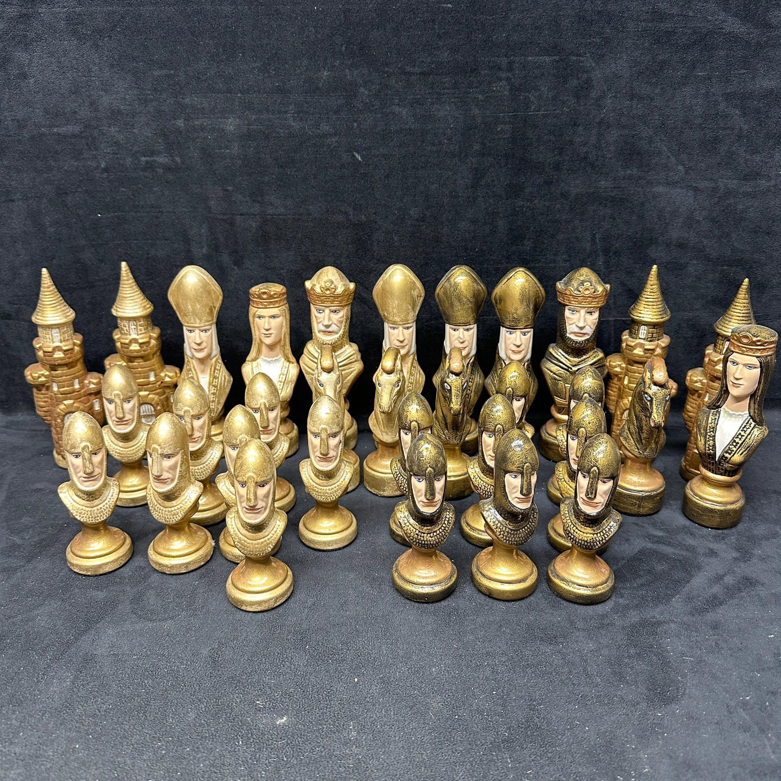 Medieval Camelot Style Figural Chess Piece Set Light Gold and Dark Bronze Tone (1 of 8)