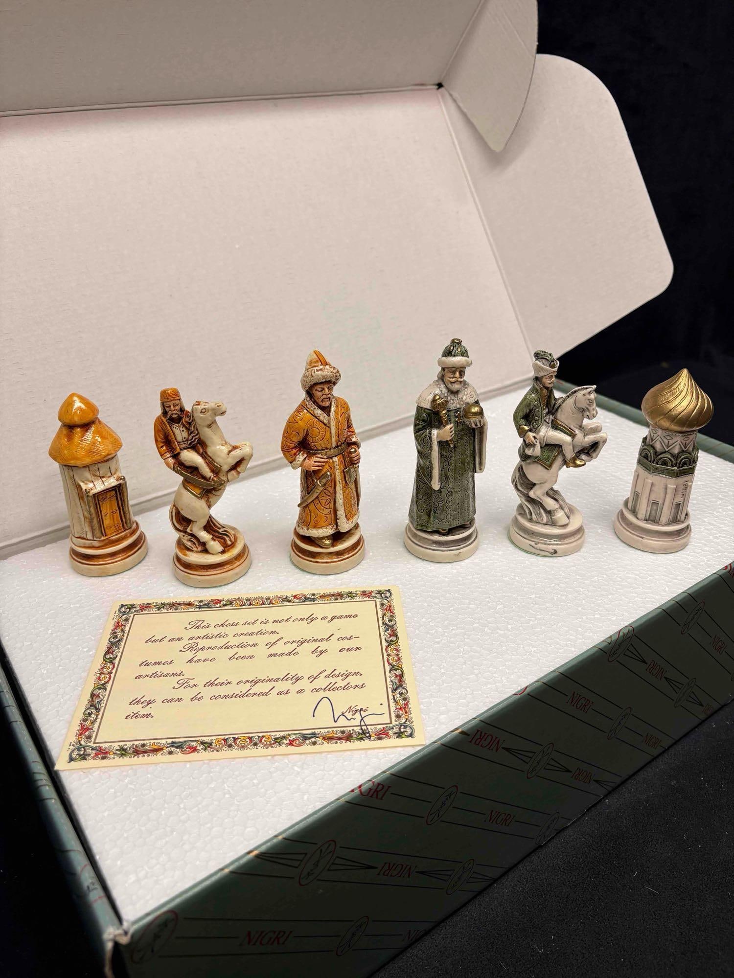 90s Nigri Tartars vs Russians Chessmen Set: Manufactured by Italian Company, Nigri, this chessmen set is themed around the historical Battle of Kazan between the Tartars and Russians. Crafted from resin and hand-painted in detail, not every set