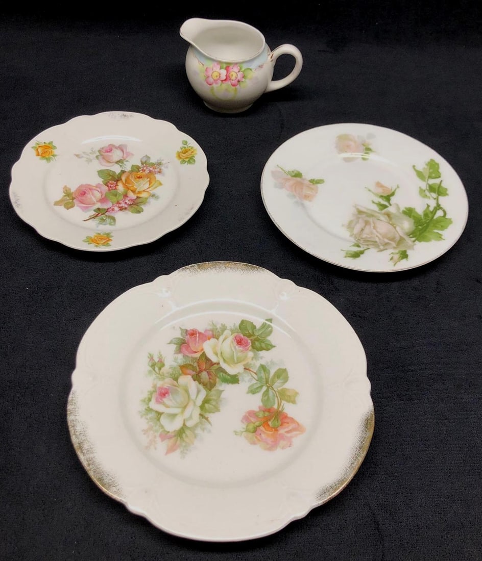 Lot of 4 Assorted Vintage Antique China Dishes - Floral Rose Patterns: Lot of 4 Assorted Vintage Antique China Dishes - Floral Rose Patterns. Lot includes: Hand Painted Nippon - Made in Japan - Creamer / Small Pitcher (tiny chip on base rim) 4" x 3" x 2-1/2" 