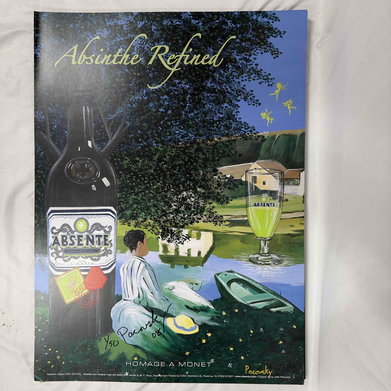 Absinthe Ad Poster Homage A Monet By John Pacovsky Hand Signed Numbered Collection: Absinthe Ad Poster Homage A Monet By John Pacovsky Hand Signed Numbered Collection. A few posters missing from numerical set of 50 but more than 40 included. This entire collection includes hand