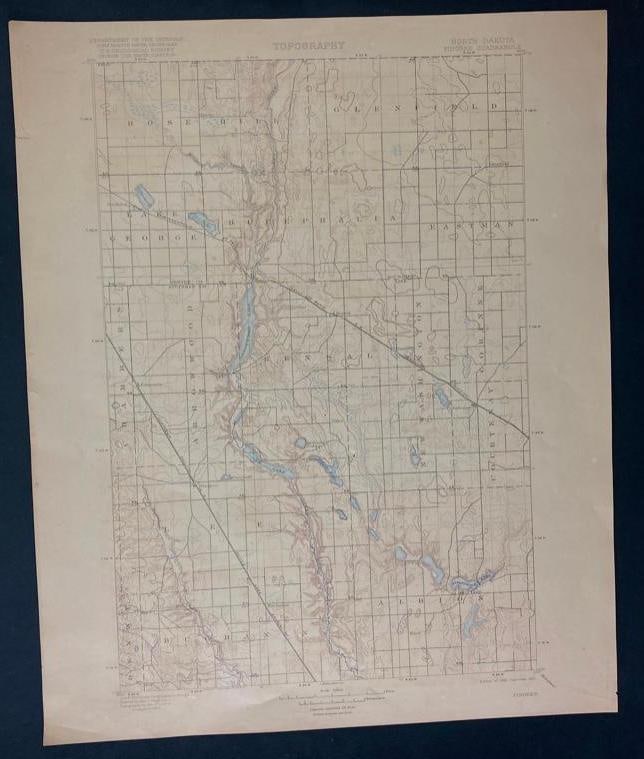 1921 USGS Topographic Map of North Dakota: 1921 USGS Topographic Map of North Dakota Printed in 1921, based on a survey done in the 1890s of the Pingree Quadrangle in North Dakota. Map is in good condition with some very small tears aroun