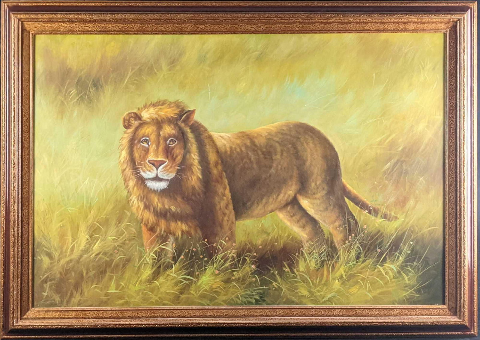 Original Framed Acrylic On Canvas Friendly Lion: Here is a framed original framed acyclic on canvas of a rather friendly-looking lion as he slowly strolls through the grasslands. The original is not signed by the artist. The original is approx 41" x