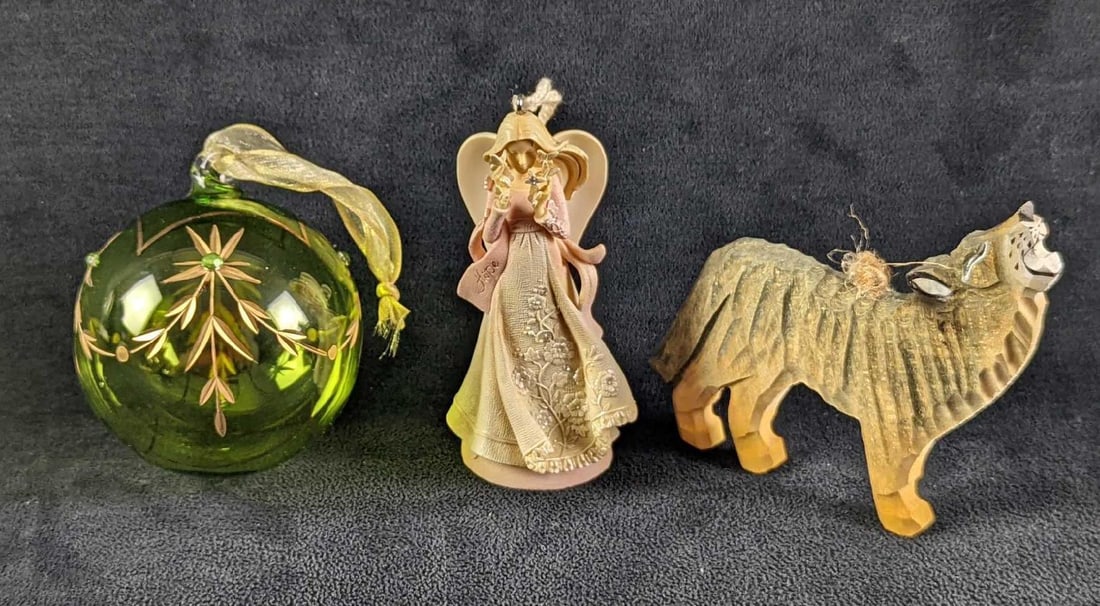 3 Woman Wolf Birthstone Hanging Ornaments: This lot includes: (1) "Hope Ornament" By Enesco Benefiting the Susan G. Komen for the Cure. The ornament is approx 1 3/4" x 1 3/4" x 4 1/2". It comes in its original box whi